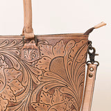 ADBG1246 Hand-Tooled Metallic Silver Leather Tote Bag - Western Floral Design with Dual Handles