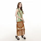 ADBG256 Tooled Leather & Cowhide Fringe Messenger Bag Western Boho Crossbody by American Darling