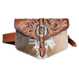 ADBGA572 Tooled Leather & Cowhide Belt Bag Western Waist Bag with Buckle Detail