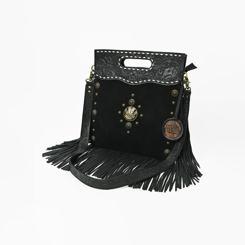 ADBGA905 American Darling Hand Tooled Floral Leather Clutch Bag with Fringes and Concho