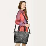ADBGZ783A Hand-Tooled Black Leather Tote Bag - Western Floral Design with Detachable Strap