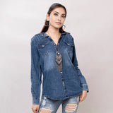 LC-ADSH015 Genuine leather Women Denim shirt jacket dress