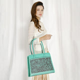 ADBGZ782 Structured Turquoise Leather Tote Handbag - Hand-Tooled Floral Western Panel