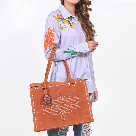 ADBG1553 American Darling Western Genuine Suede Leather Tote Bag with Buck Stitching Handcrafted Everyday Tote
