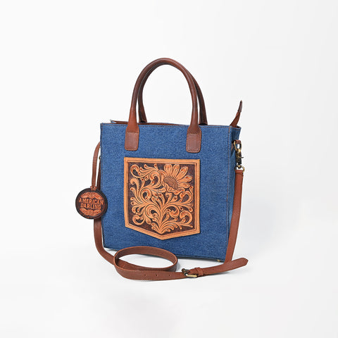 ADBGA1020 Tote Hand Tooled Denim Fabric Genuine Leather Women Bag