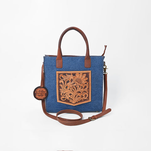 ADBGA1020 Tote Hand Tooled Denim Fabric Genuine Leather Women Bag