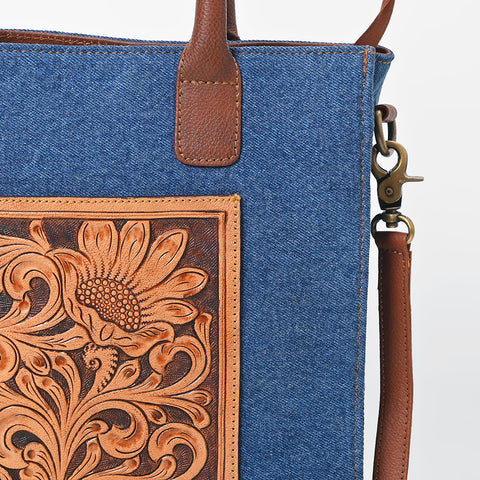 ADBGA1020 Tote Hand Tooled Denim Fabric Genuine Leather Women Bag