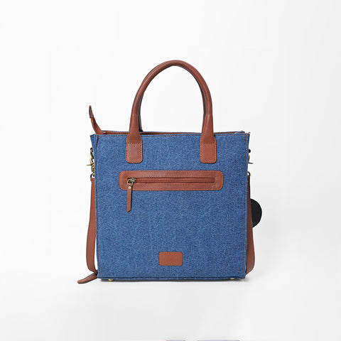 ADBGA1020 Tote Hand Tooled Denim Fabric Genuine Leather Women Bag