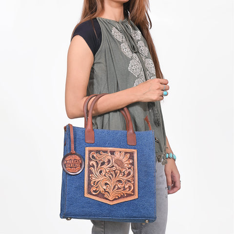 ADBGA1020 Tote Hand Tooled Denim Fabric Genuine Leather Women Bag
