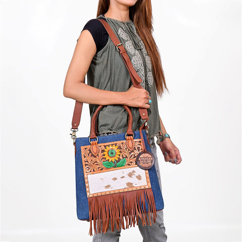 ADBGA1039 Crossbody Hand Tooled Denim Fabric Genuine Leather Women Bag