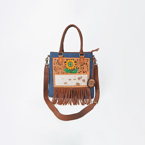 ADBGA1039 Crossbody Hand Tooled Denim Fabric Genuine Leather Women Bag