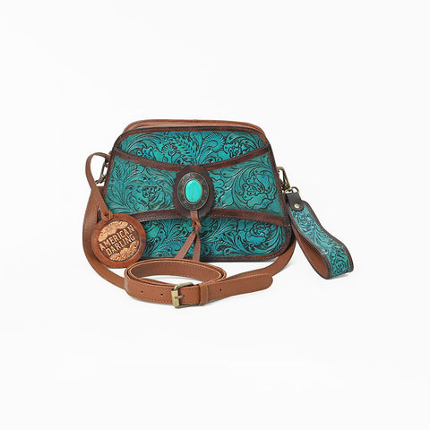 ADBGA1114 American Darling Western Hand-Tooled Turquoise Leather Crossbody Bag with Stone Concho