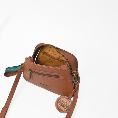 ADBGA1114 American Darling Western Hand-Tooled Turquoise Leather Crossbody Bag with Stone Concho