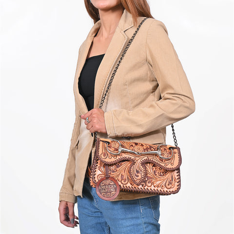 ADBGA1208 American Darling Hand Tooled Genuine Leather Snaffle Bit Crossbody Bag