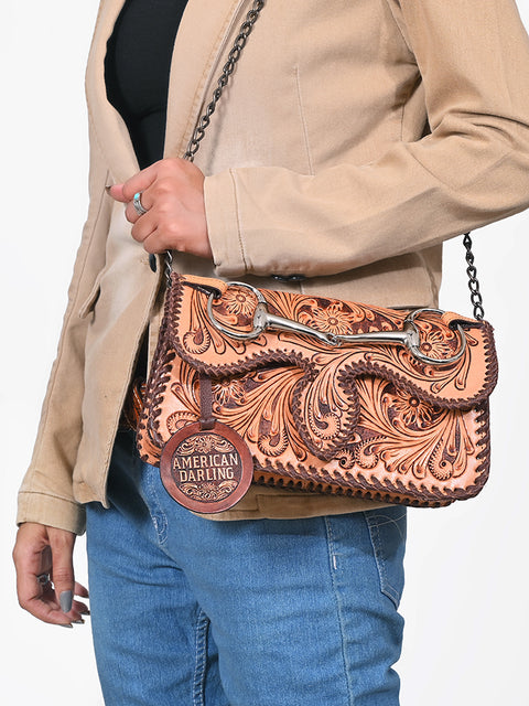 ADBGA1208 American Darling Hand Tooled Genuine Leather Snaffle Bit Crossbody Bag