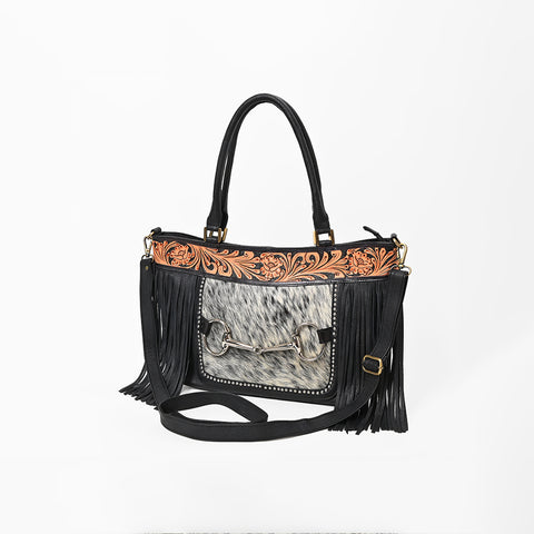 ADBGA1234 American Darling Hand-Tooled Leather & Hair-on Hide Snaffle Bit Tote Bag with Fringe