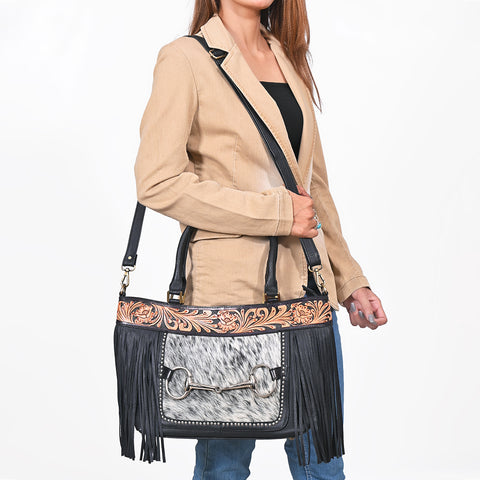 ADBGA1234 American Darling Hand-Tooled Leather & Hair-on Hide Snaffle Bit Tote Bag with Fringe