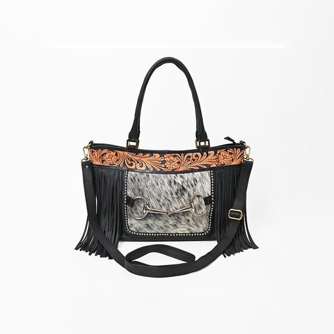 ADBGA1234 American Darling Hand-Tooled Leather & Hair-on Hide Snaffle Bit Tote Bag with Fringe