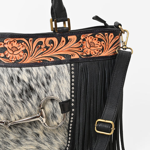 ADBGA1234 American Darling Hand-Tooled Leather & Hair-on Hide Snaffle Bit Tote Bag with Fringe
