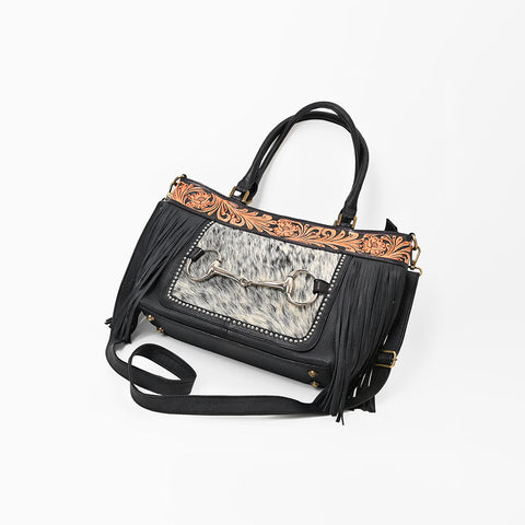 ADBGA1234 American Darling Hand-Tooled Leather & Hair-on Hide Snaffle Bit Tote Bag with Fringe