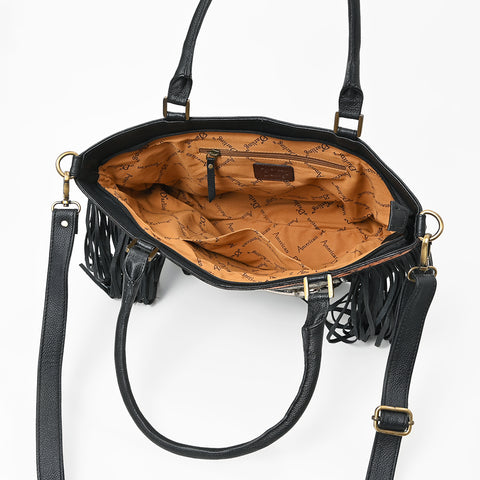 ADBGA1234 American Darling Hand-Tooled Leather & Hair-on Hide Snaffle Bit Tote Bag with Fringe
