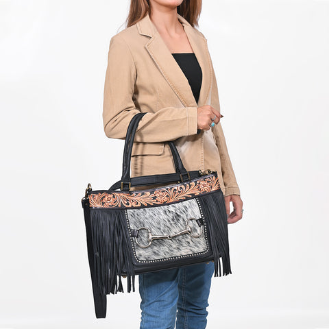 ADBGA1234 American Darling Hand-Tooled Leather & Hair-on Hide Snaffle Bit Tote Bag with Fringe