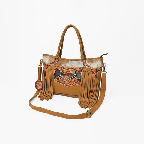ADBGA1235 American Darling Western Hand-Tooled Leather & Cowhide Snaffle Bit Tote Bag with Fringe