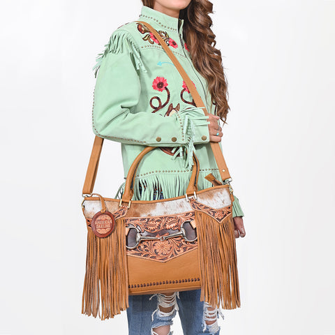 ADBGA1235 American Darling Western Hand-Tooled Leather & Cowhide Snaffle Bit Tote Bag with Fringe