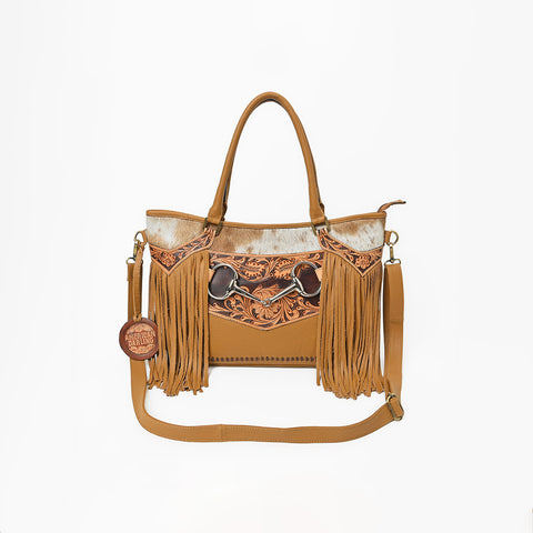 ADBGA1235 American Darling Western Hand-Tooled Leather & Cowhide Snaffle Bit Tote Bag with Fringe