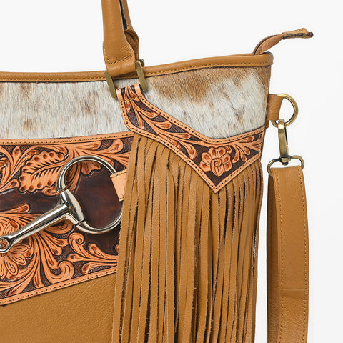 ADBGA1235 American Darling Western Hand-Tooled Leather & Cowhide Snaffle Bit Tote Bag with Fringe
