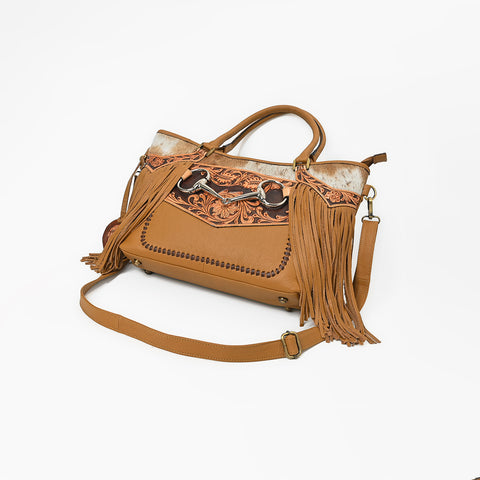 ADBGA1235 American Darling Western Hand-Tooled Leather & Cowhide Snaffle Bit Tote Bag with Fringe