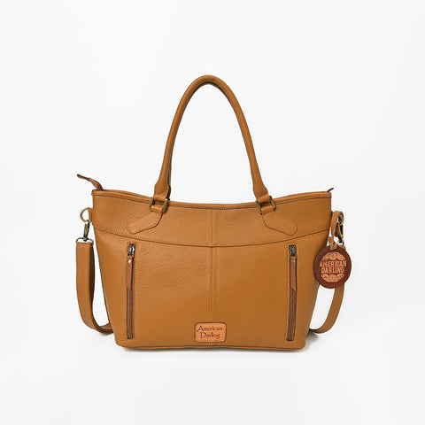 ADBGA1235 American Darling Western Hand-Tooled Leather & Cowhide Snaffle Bit Tote Bag with Fringe