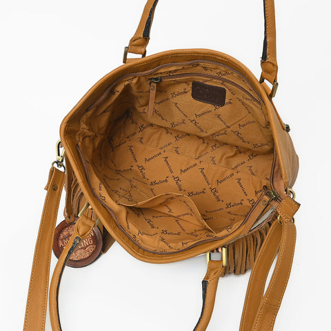ADBGA1235 American Darling Western Hand-Tooled Leather & Cowhide Snaffle Bit Tote Bag with Fringe