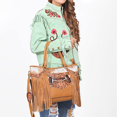 ADBGA1235 American Darling Western Hand-Tooled Leather & Cowhide Snaffle Bit Tote Bag with Fringe