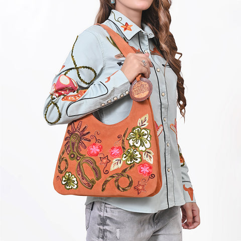 ADBGA1248A American Darling Genuine Suede Embroidered Western Hobo Orange Shoulder Bag