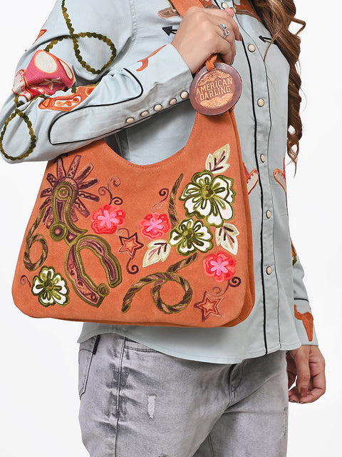 ADBGA1248A American Darling Genuine Suede Embroidered Western Hobo Orange Shoulder Bag
