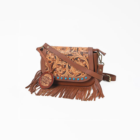 ADBGA1260 American Darling Hand Tooled Leather Studded Fringe Western Crossbody Bag
