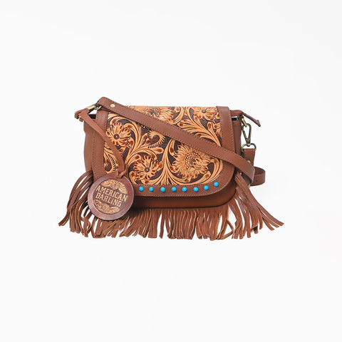 ADBGA1260 American Darling Hand Tooled Leather Studded Fringe Western Crossbody Bag