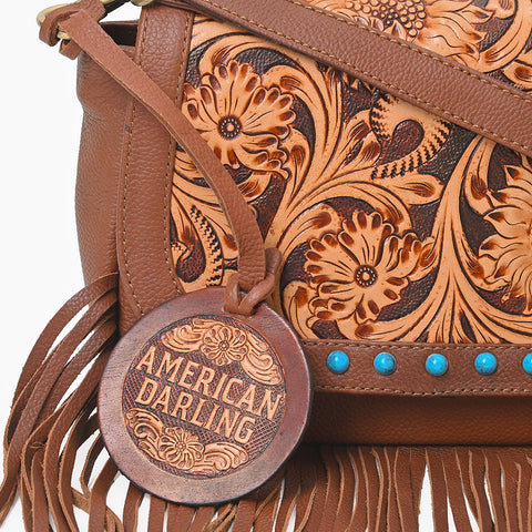 ADBGA1260 American Darling Hand Tooled Leather Studded Fringe Western Crossbody Bag