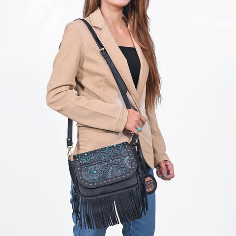 ADBGA1262 Genuine Leather Hand Tooled Floral Studded Fringe Boho Crossbody Purse
