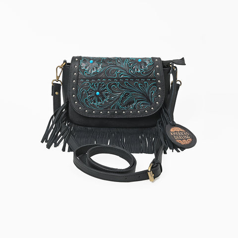 ADBGA1262 Genuine Leather Hand Tooled Floral Studded Fringe Boho Crossbody Purse