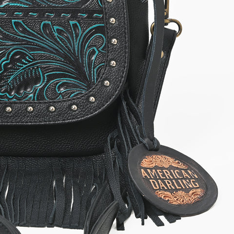 ADBGA1262 Genuine Leather Hand Tooled Floral Studded Fringe Boho Crossbody Purse