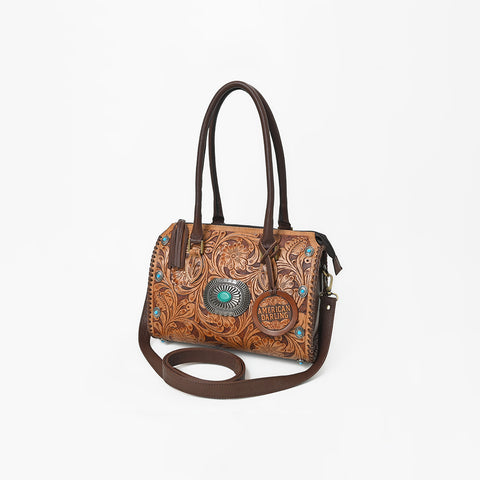 ADBGA1403 American Darling Western Hand-Tooled Leather Satchel Bag with Turquoise Concho & Studs