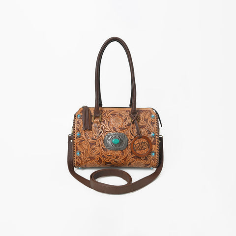 ADBGA1403 American Darling Western Hand-Tooled Leather Satchel Bag with Turquoise Concho & Studs