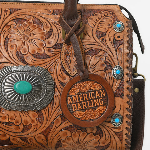 ADBGA1403 American Darling Western Hand-Tooled Leather Satchel Bag with Turquoise Concho & Studs