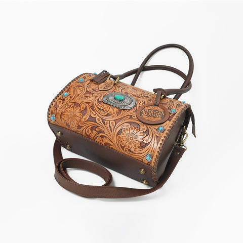 ADBGA1403 American Darling Western Hand-Tooled Leather Satchel Bag with Turquoise Concho & Studs
