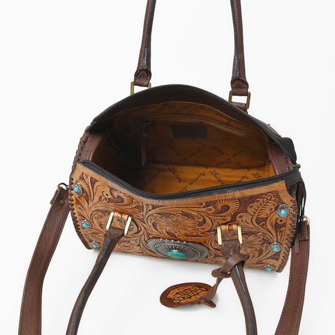 ADBGA1403 American Darling Western Hand-Tooled Leather Satchel Bag with Turquoise Concho & Studs