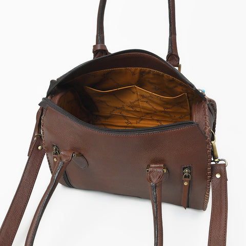 ADBGA1403 American Darling Western Hand-Tooled Leather Satchel Bag with Turquoise Concho & Studs