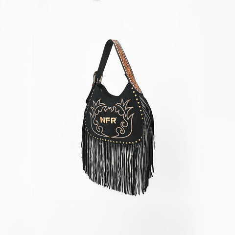 Official PRCA & NFR Licensed Collection® Black Suede Gold Embroidered Long Fringe Hobo Shoulder Bag