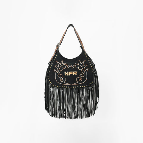 Official PRCA & NFR Licensed Collection® Black Suede Gold Embroidered Long Fringe Hobo Shoulder Bag